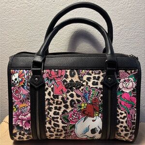 Ed Hardy Leopard Floral Skull Satchel with Pink and Red Accents